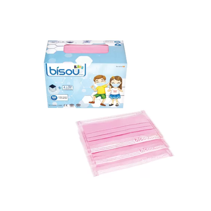 Khẩu Trang Y Tế 4 Lớp Bisou Kids Hồng Hộp 50 Cái
